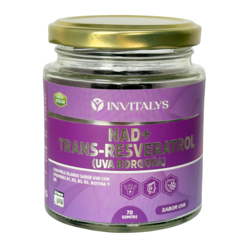 NAD+ + Trans-Resveratrol – Gomitas de Energía Celular y Luminosidad (Sabor Uva  Borgoña | 70 unidades)